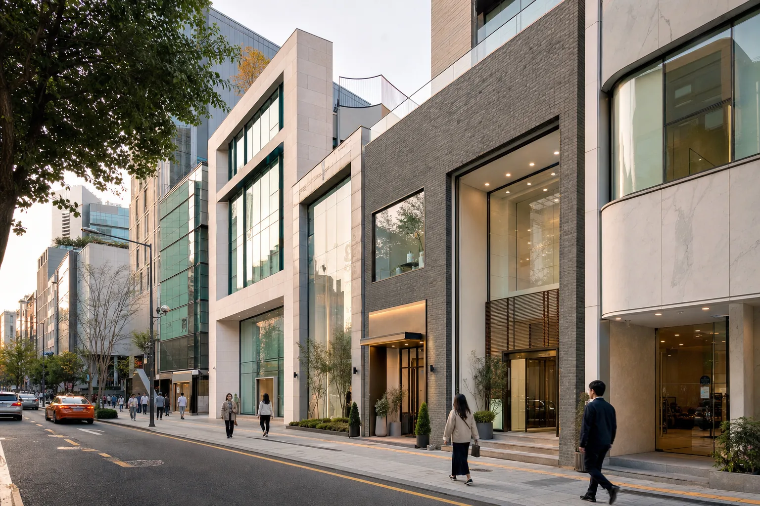 Several neutral clinic entrances along one modern Seoul street
